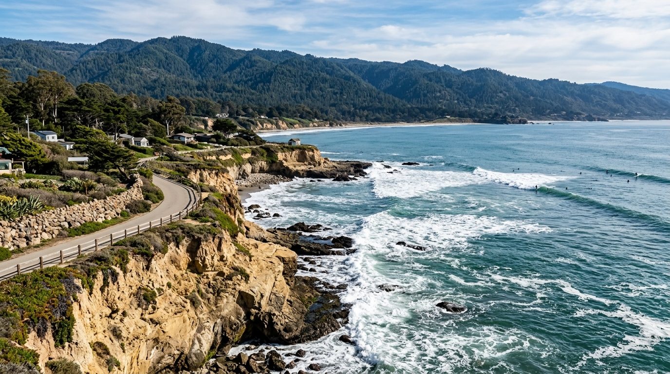 Santa Cruz, CA — Santa Cruz coastline along West Cliff Drive with sandstone bluffs, Monterey Bay, a surf break, and the