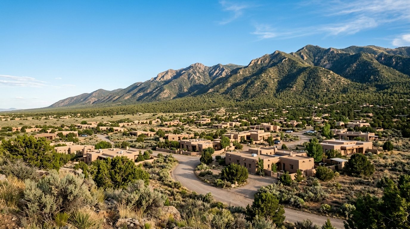 Santa Fe, NM — Adobe-style buildings with flat roofs and earth-toned stucco spread across a high desert valley beneath the
