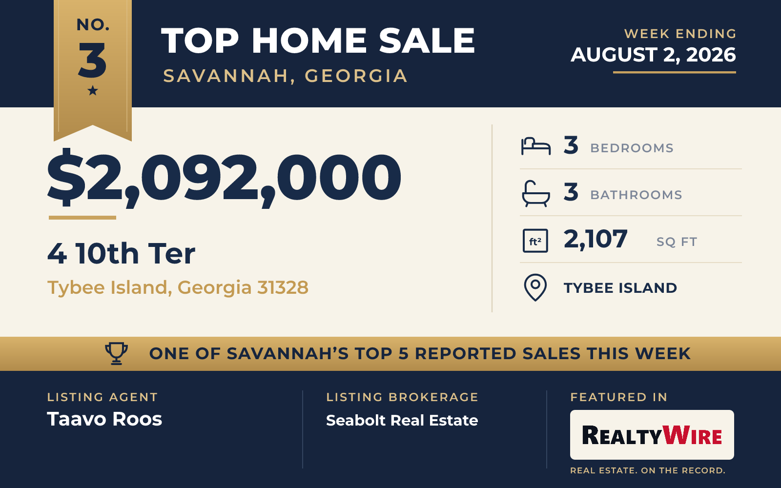 Top home sale No. 3 in the Savannah, Georgia metro area — 4 10th Ter, Tybee Island, Georgia, week ending August 2, 2026