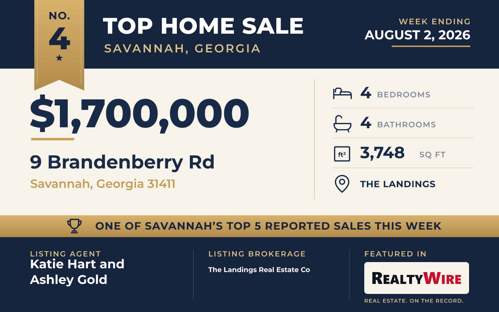 Top home sale No. 4 in the Savannah, Georgia metro area — 9 Brandenberry Rd, Savannah, Georgia, week ending August 2, 2026