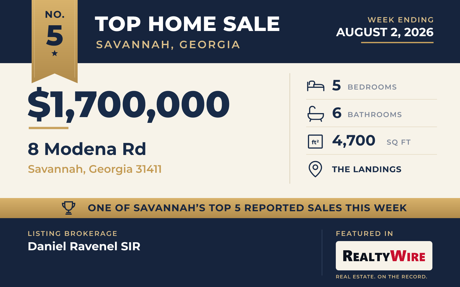 Top home sale No. 5 in the Savannah, Georgia metro area — 8 Modena Rd, Savannah, Georgia, week ending August 2, 2026