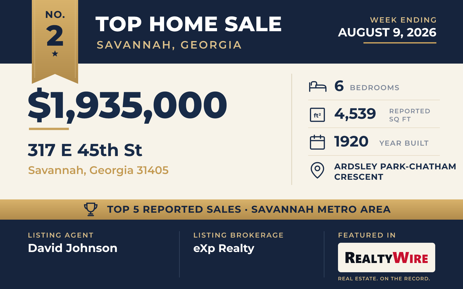 Top home sale No. 2 in the Savannah, Georgia metro area — 317 E 45th St, Savannah, Georgia, week ending August 9, 2026