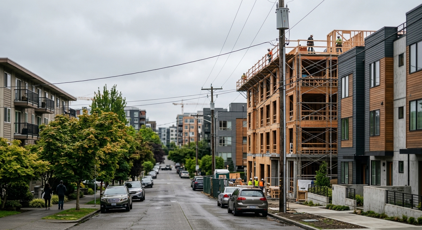 A Seattle streetscape with mid-rise apartment buildings and construction underway.