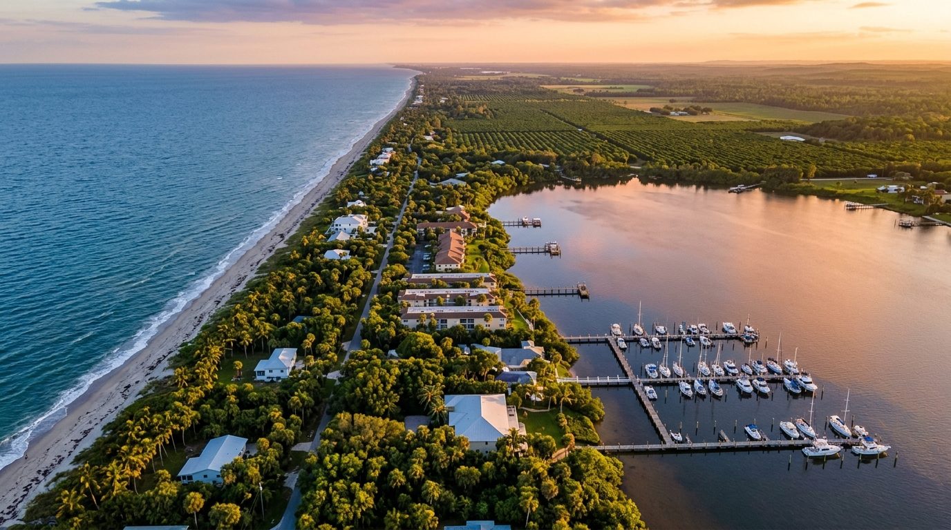 Sebastian, FL — Aerial view over the Indian River Lagoon, showing a narrow palm-lined barrier island with the Atlantic Ocean