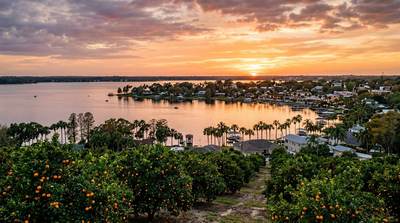Sebring, FL — Central Florida lake town at sunset, with a citrus grove in the foreground, a calm freshwater lake, and palm