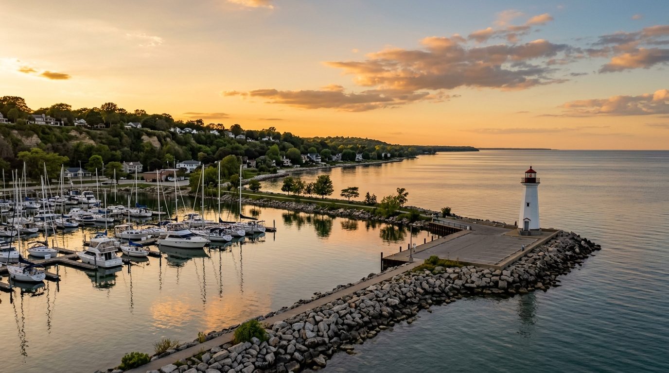 Sheboygan, WI — Sheboygan, Wisconsin shoreline at with a marina, a lighthouse, bluffs above Lake Michigan, and calm water