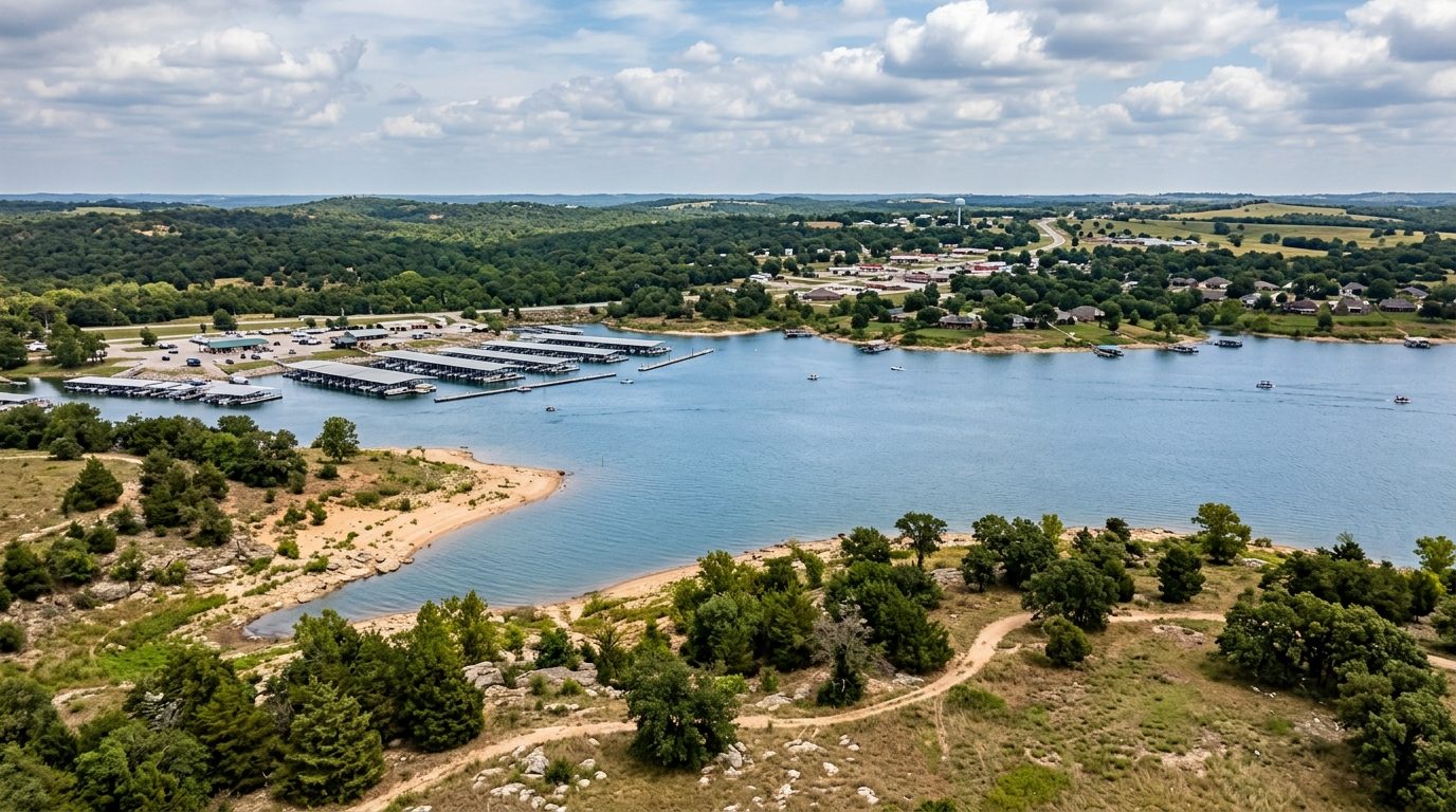 Sherman, TX — Lake Texoma's shoreline meeting the rolling North Texas prairie, with a marina, wooded hills, and a small