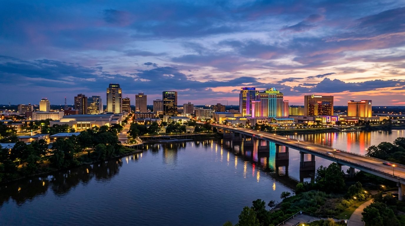 Shreveport, LA — Red River at dusk with the connected skylines and riverfront casino towers of Shreveport and Bossier City