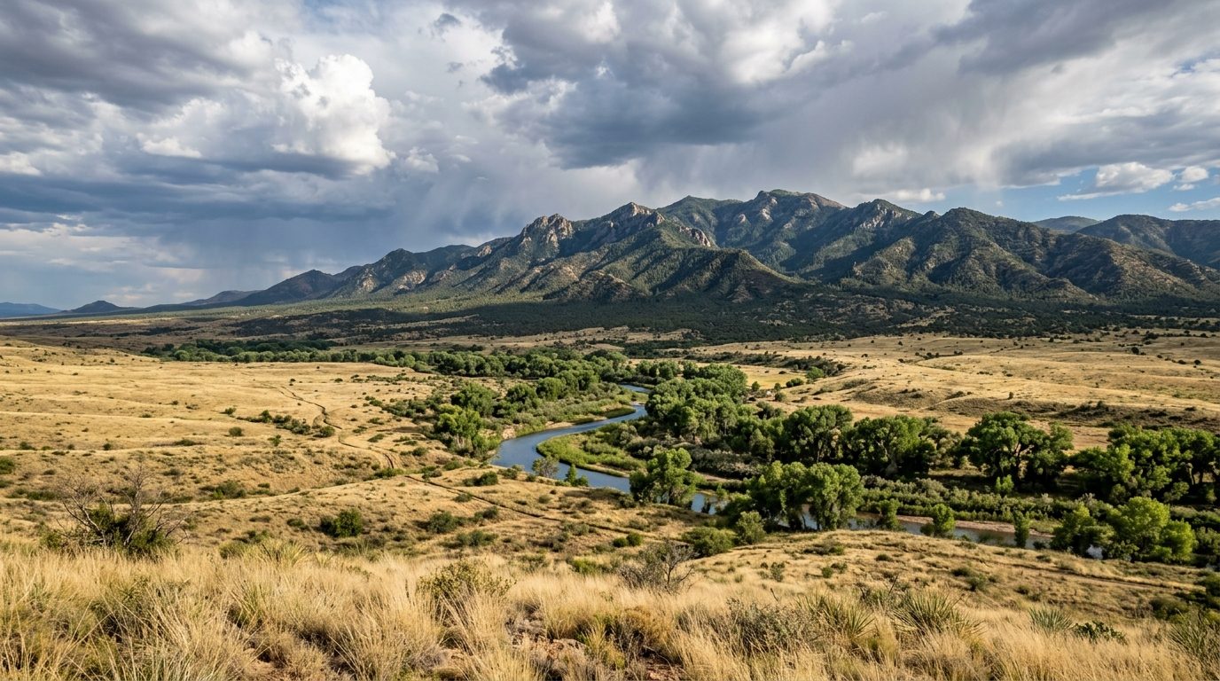 Sierra Vista, AZ — High desert grassland rising toward the pine-topped Huachuca Mountains under a dramatic monsoon sky, with a