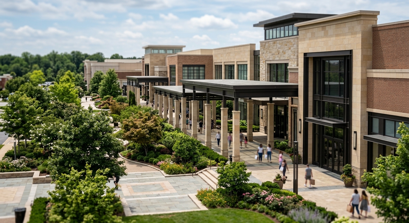 Exterior of a large upscale outdoor shopping mall with landscaped walkways under natural daylight.