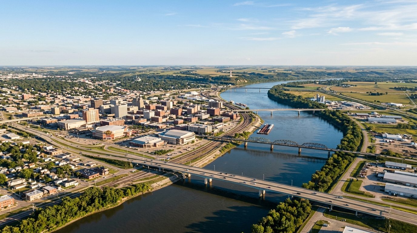 Sioux City, IA — Sioux City's downtown skyline and bridges spanning the Missouri River at the meeting point of Iowa, Nebraska,