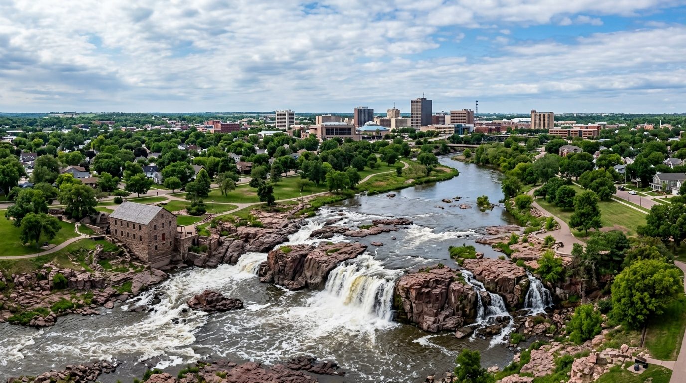 Sioux Falls, SD — Falls Park in Sioux Falls, South Dakota, with the Big Sioux River cascading over rock outcrops and a prairie