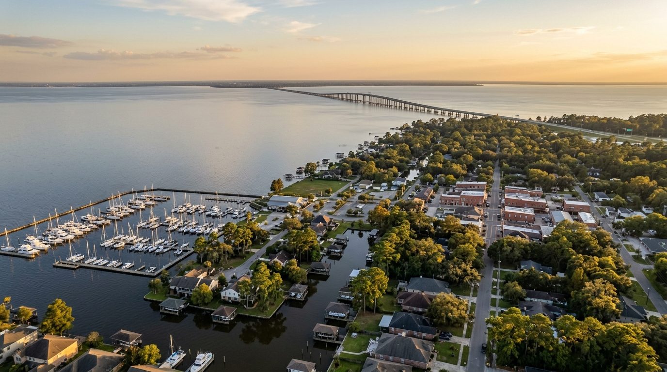 Slidell, LA — Lake Pontchartrain's piney north shore at showing a marina with docked boats, moss-draped oak-lined streets