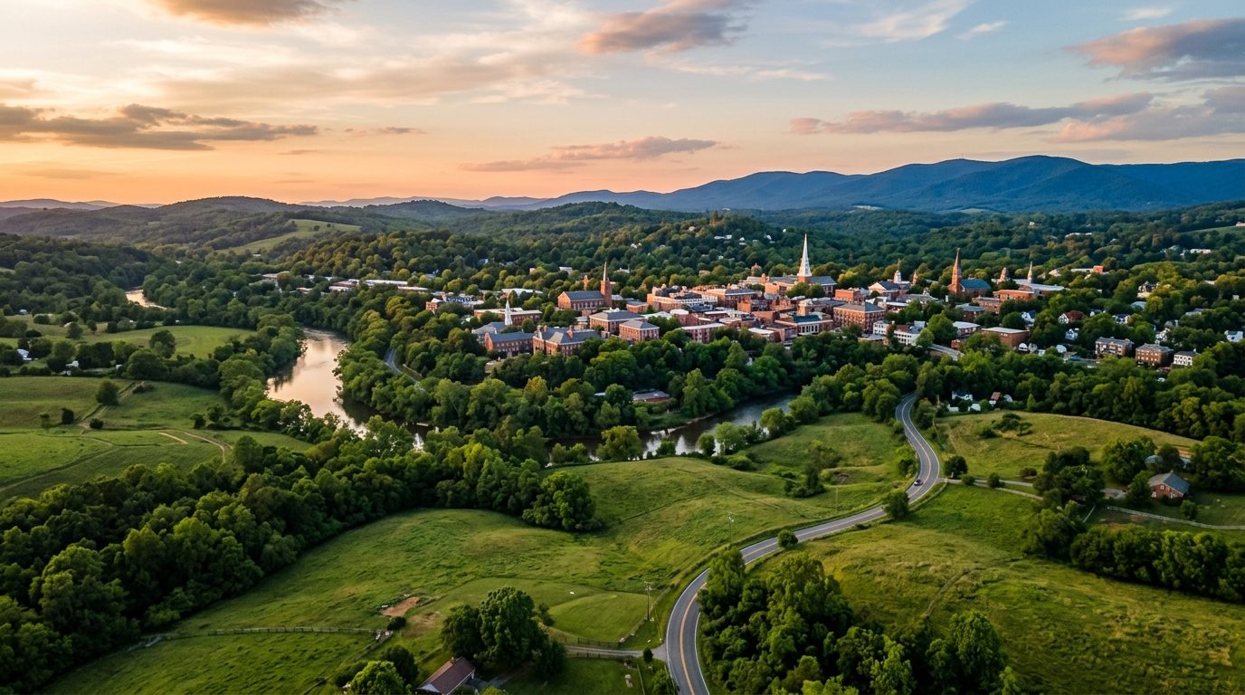 Spartanburg, SC — Rolling Piedmont foothills at with a small-city skyline of low brick buildings and church steeples set among