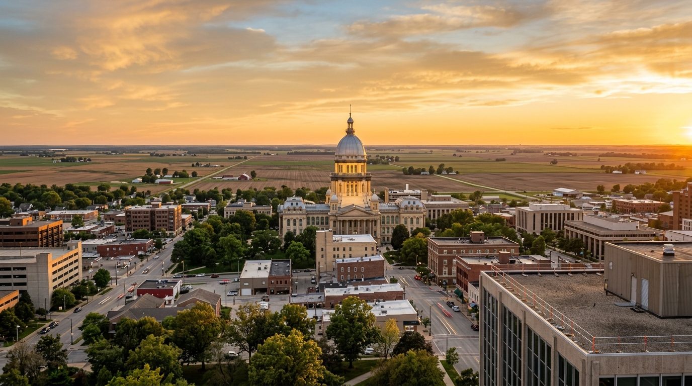 Springfield, IL — Illinois State Capitol's dome rising above downtown Springfield at with flat central Illinois farmland