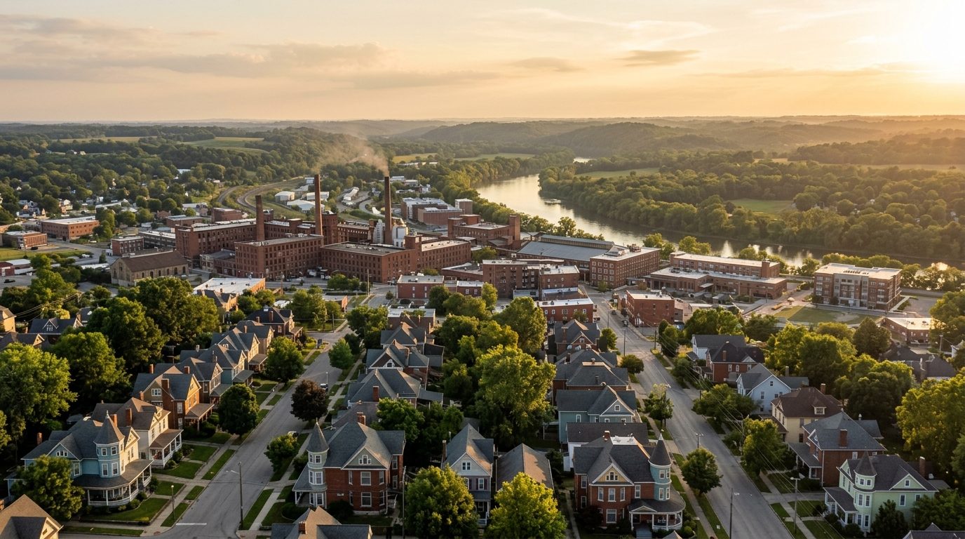 Springfield, OH — Over a river valley at with the low rolling hills of western Ohio, a historic brick industrial skyline of a