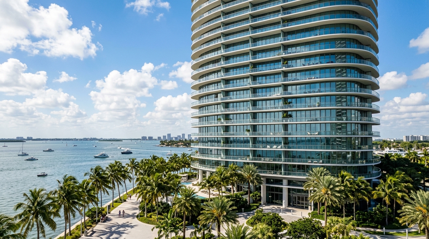 Exterior view of a luxury high-rise condo tower overlooking Biscayne Bay in Miami with curved balconies and palm trees.