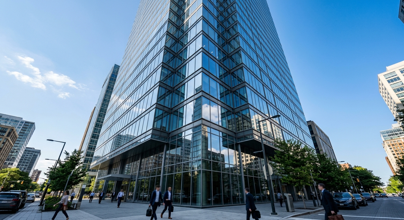 A modern commercial office building with a reflective glass facade.