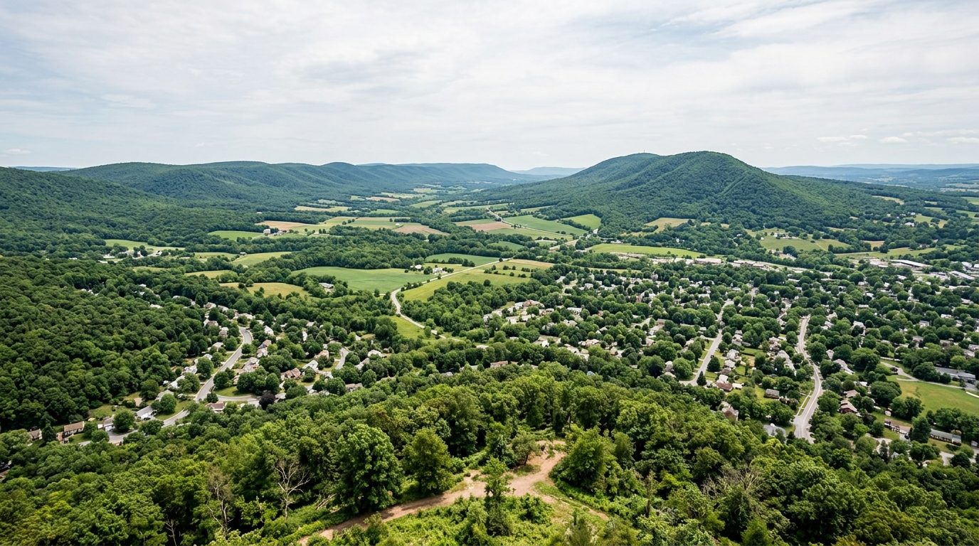 State College, PA — Wooded ridge-and-valley landscape around State College, Pennsylvania, showing Mount Nittany rising over the
