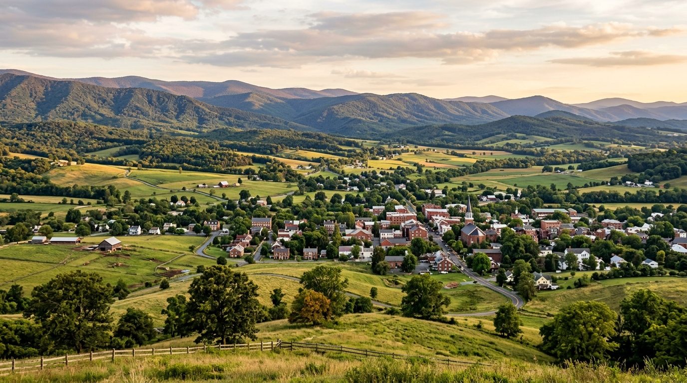 Staunton, VA — Shenandoah Valley at with rolling farmland and a small historic Virginia town nestled below the layered