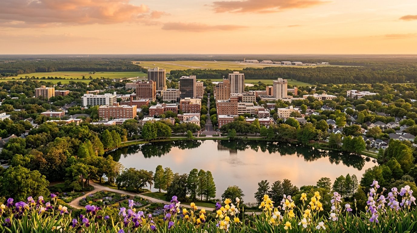 Sumter, SC — Scene of a Southern city at with a tree-lined lake reflecting historic buildings and blooming iris gardens in