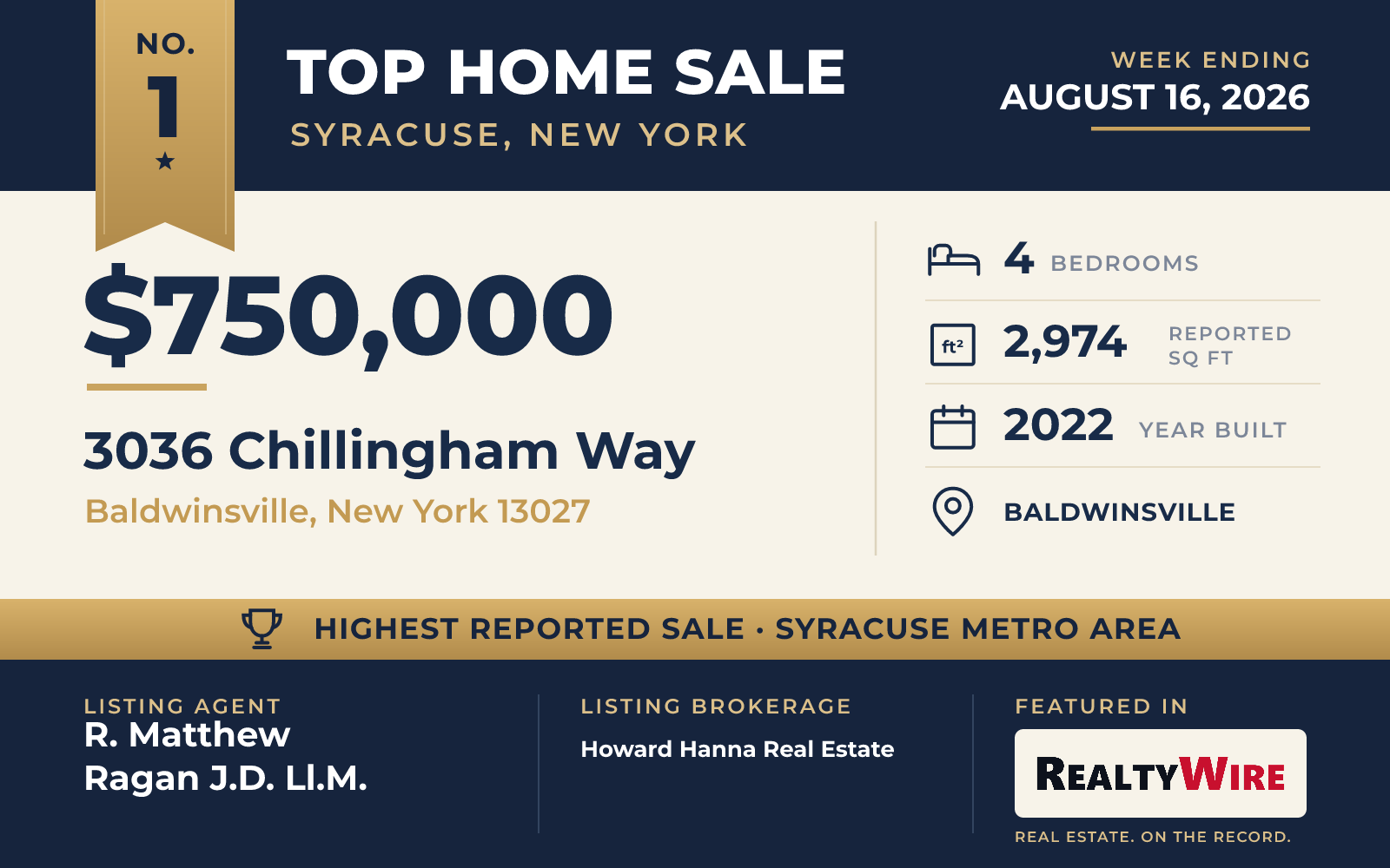 Top home sale No. 1 in the Syracuse, New York metro area β 3036 Chillingham Way, Baldwinsville, New York, week ending August 16, 2026