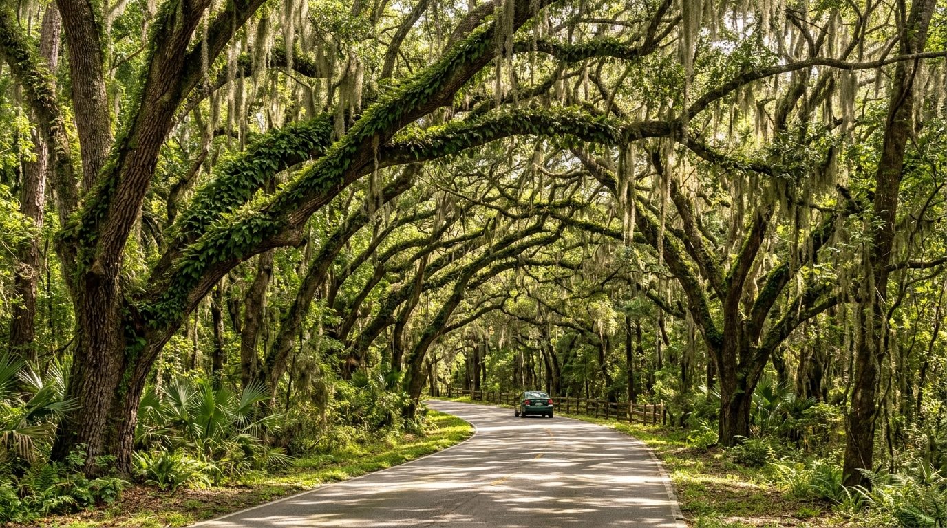 Tallahassee, FL — Canopy road in Tallahassee, Florida, with century-old live oak trees draped in Spanish moss arching over a