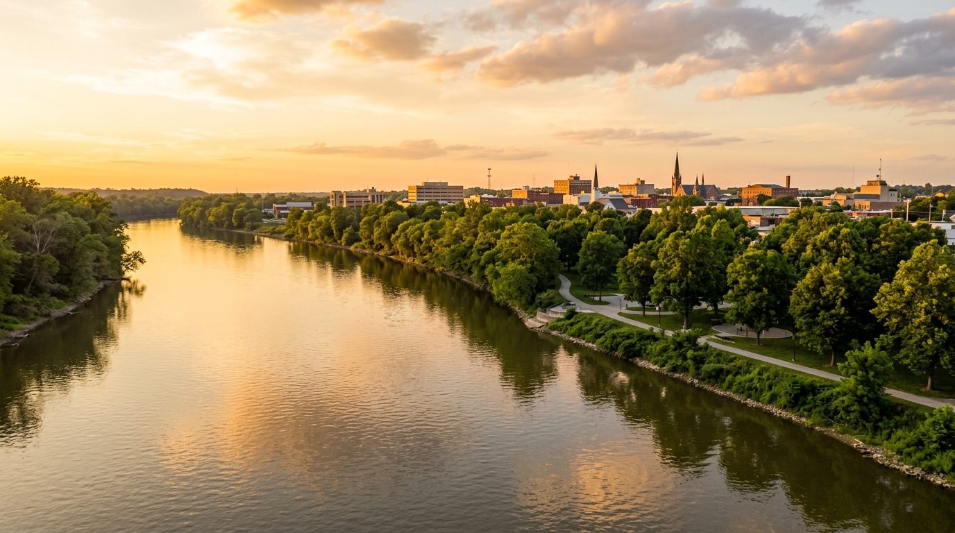 Terre Haute, IN — Wabash River at with the low Terre Haute skyline and a tree-lined riverfront park along its eastern bank, no
