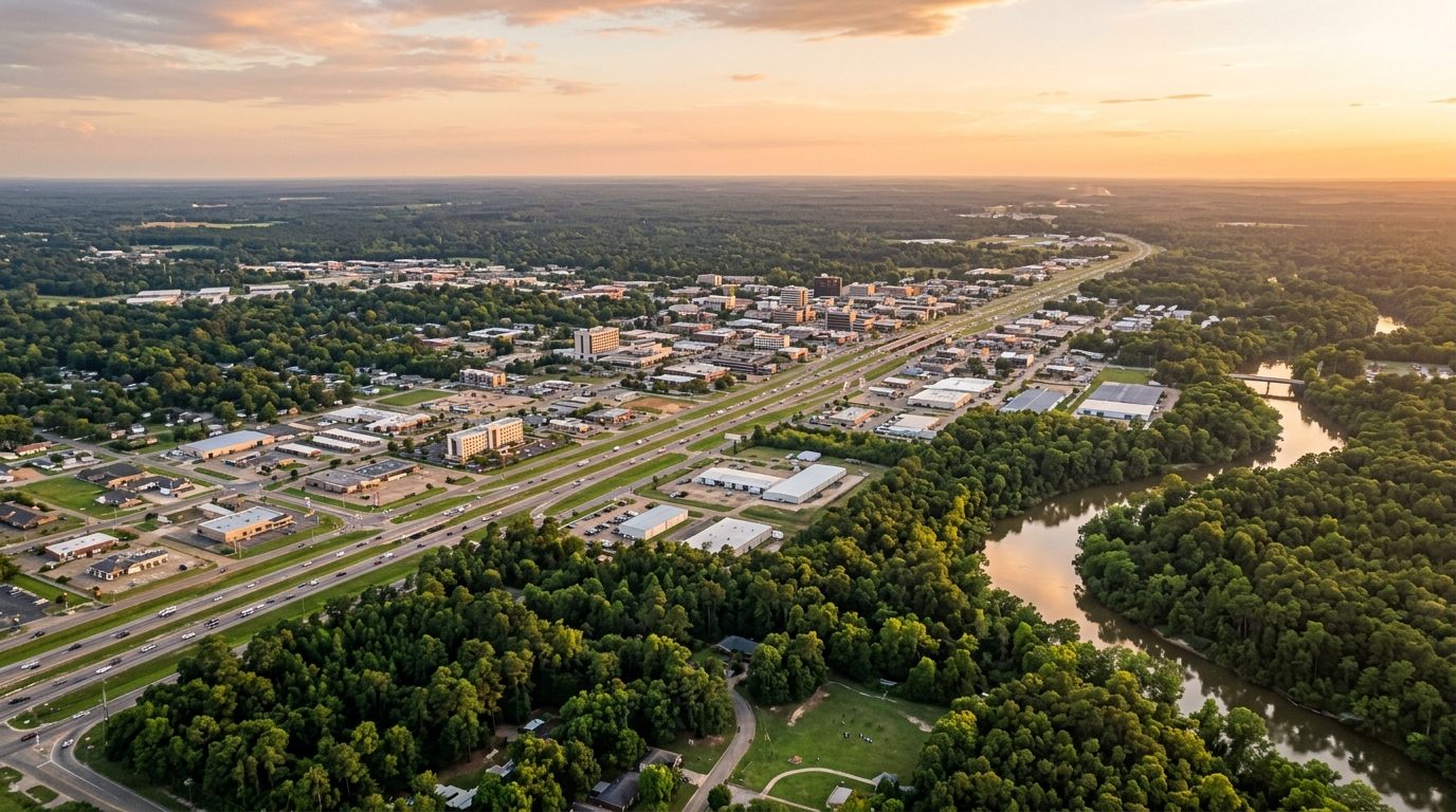 Texarkana, TX — Flat, pine-forested Texarkana landscape at showing the twin-city skyline straddling a highway corridor with