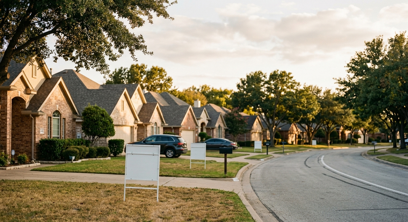 A suburban Texas street lined with single-family homes under late-afternoon light.