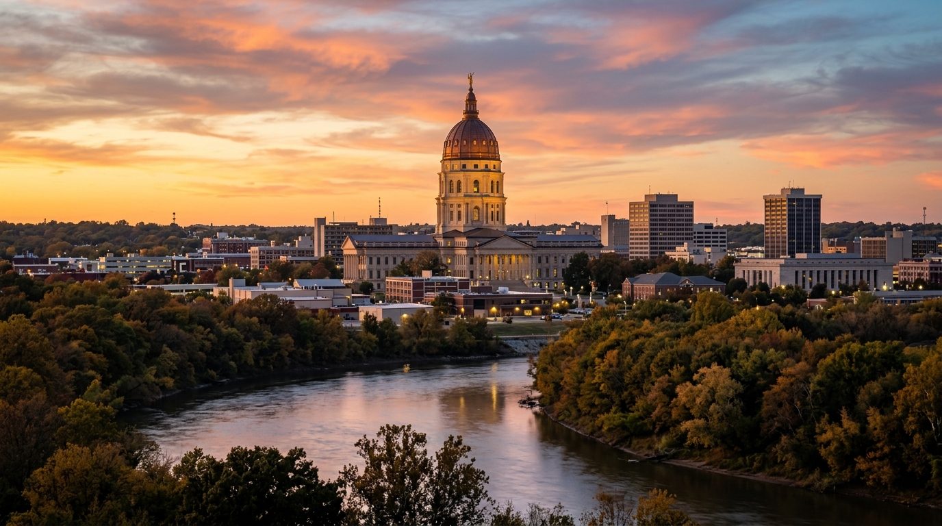 Topeka, KS — Kansas State Capitol dome rising above the Topeka skyline along the tree-lined banks of the Kansas River at