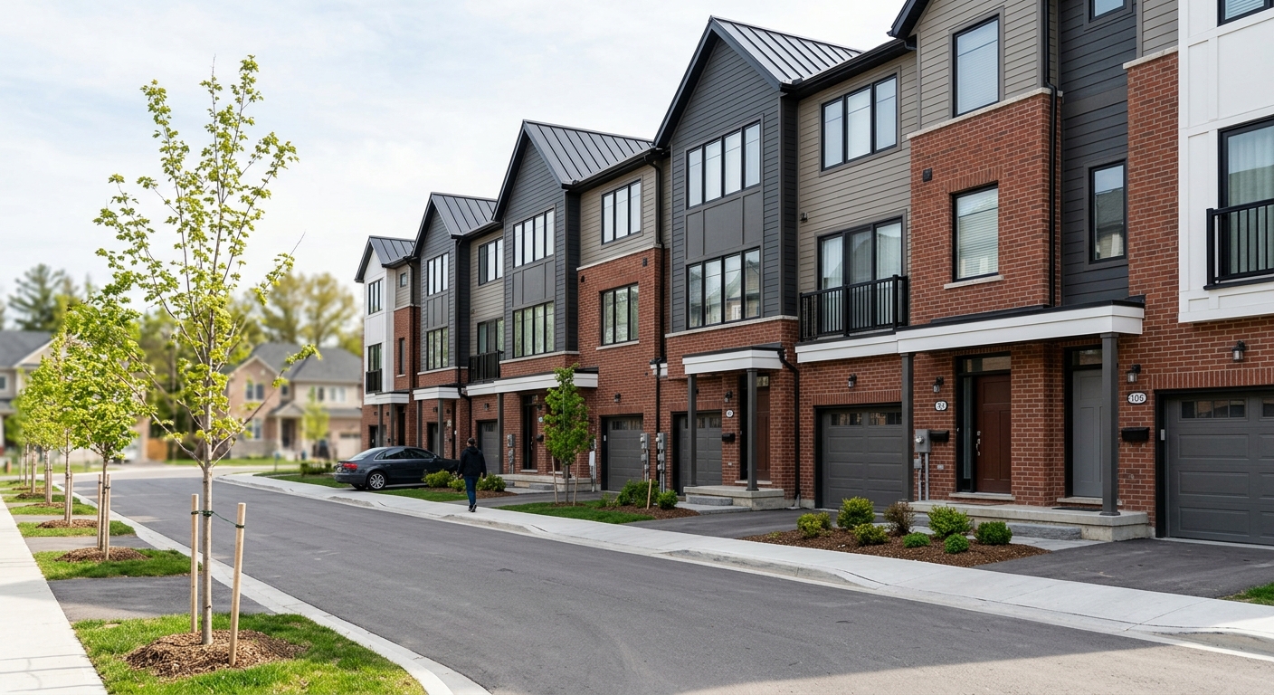 A row of newly built three-story townhouses with attached garages along a neighborhood street.