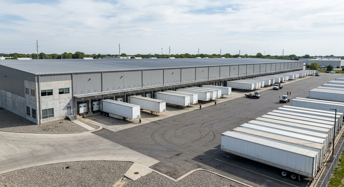 A large industrial warehouse distribution facility with loading docks.