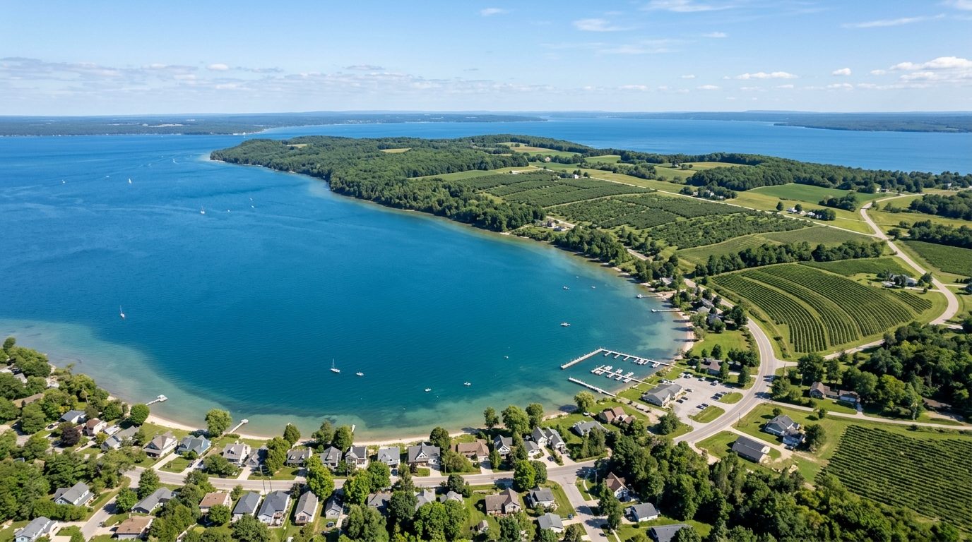 Traverse City, MI — Grand Traverse Bay's blue waters framed by the forested Old Mission Peninsula, cherry orchards, vineyard