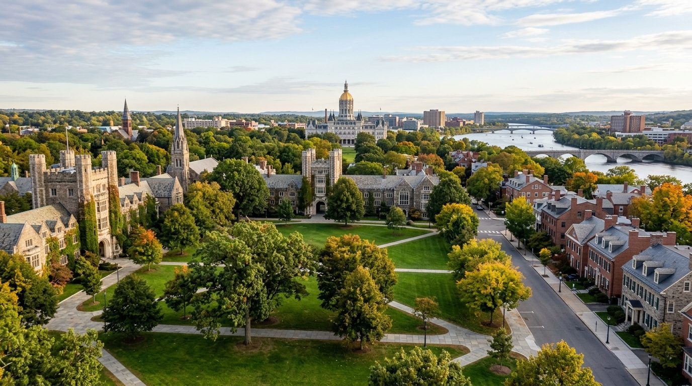 Trenton, NJ — Historic university town green with Collegiate Gothic buildings and tree-lined streets giving way to a state