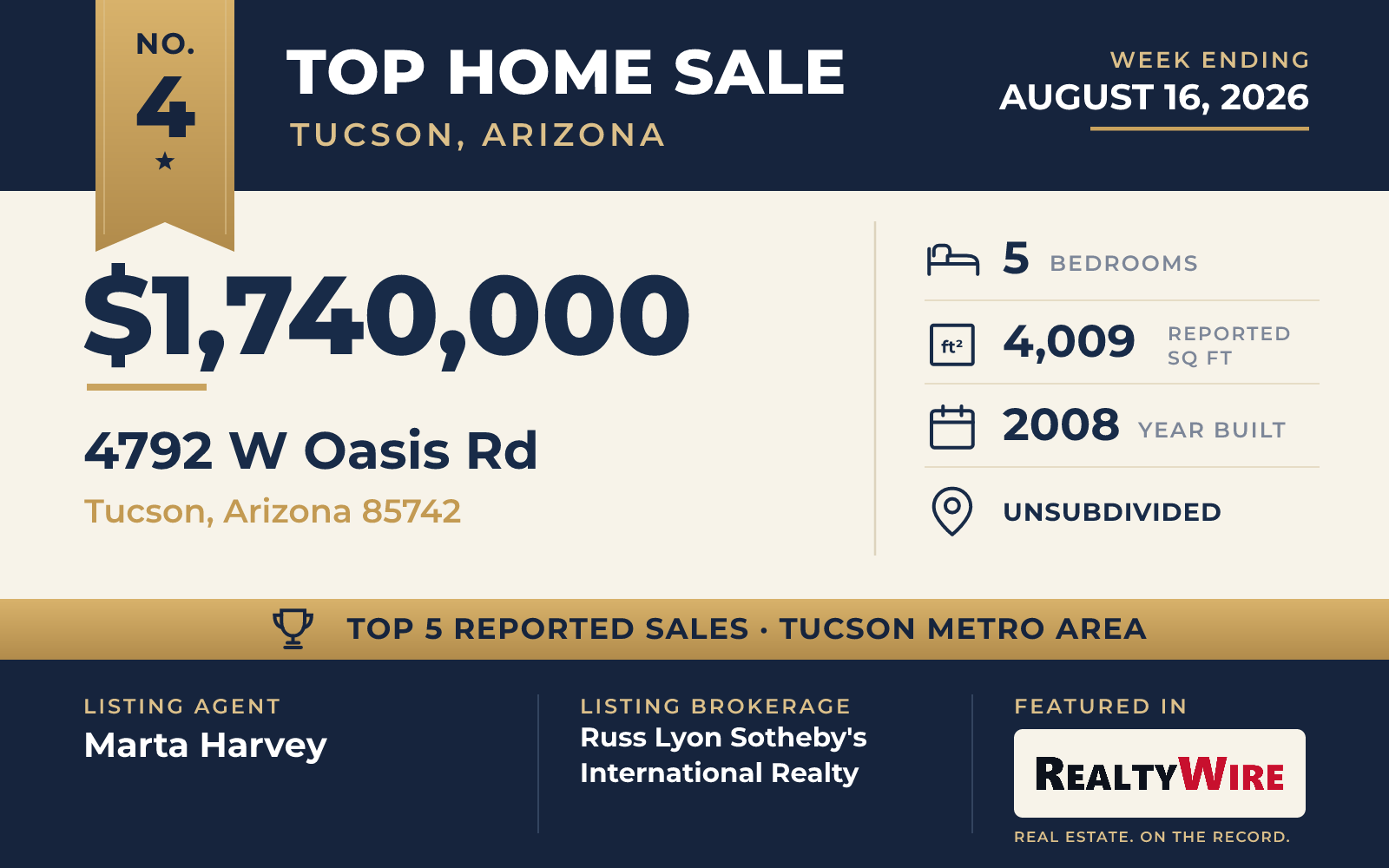 Top home sale No. 4 in the Tucson, Arizona metro area β 4792 W Oasis Rd, Tucson, Arizona, week ending August 16, 2026