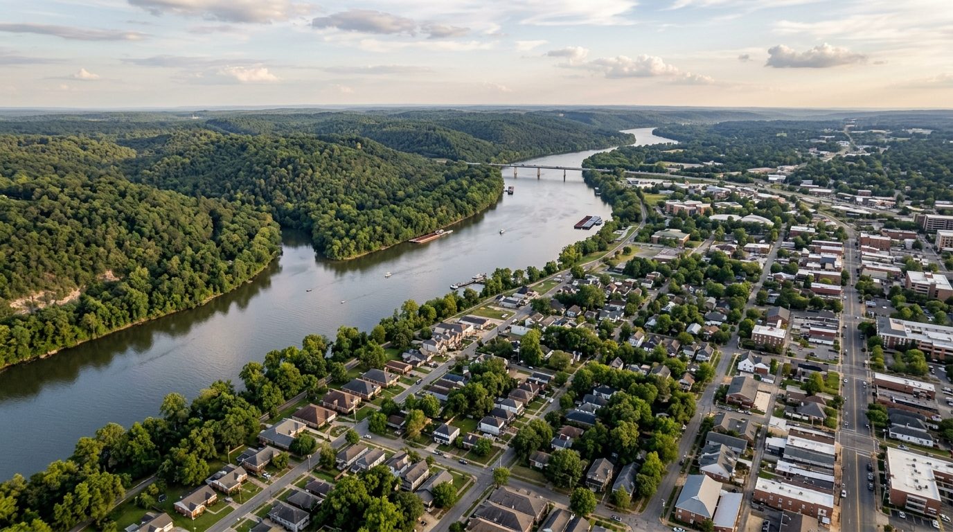Tuscaloosa, AL — Black Warrior River winding between wooded, hilly riverbanks with the rooftops of a small riverside city on