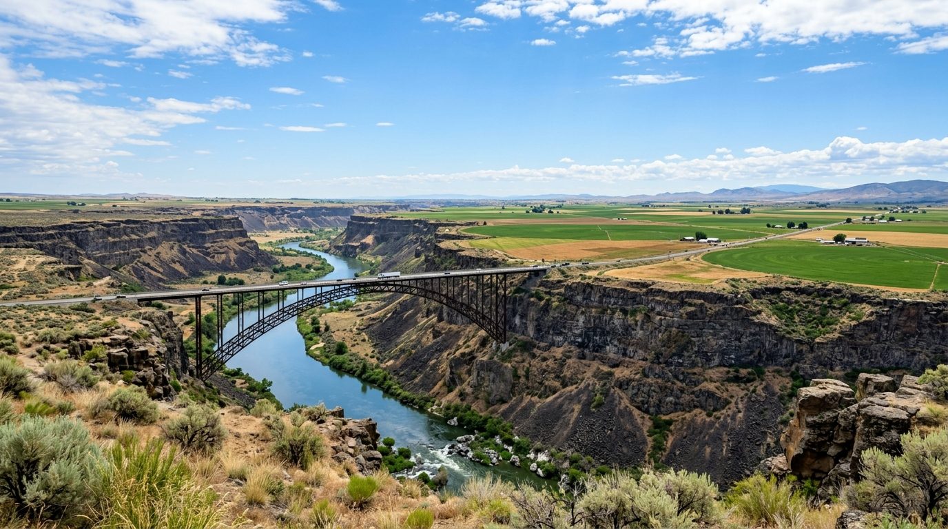 Twin Falls, ID — Snake River Canyon at Twin Falls, Idaho, with the Perrine Bridge spanning the basalt gorge and irrigated