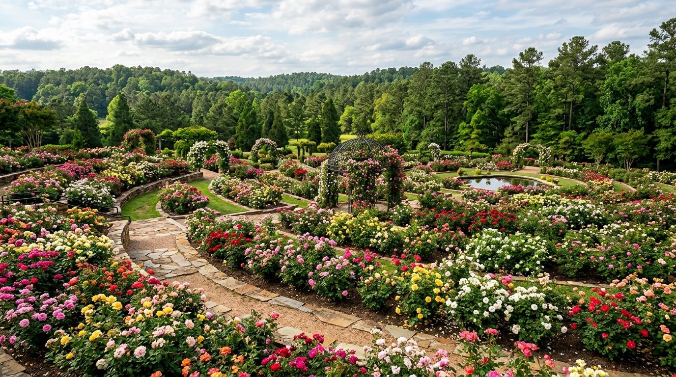 Tyler, TX — Tyler's municipal rose garden in full bloom with rolling East Texas pine forest in the background, with no