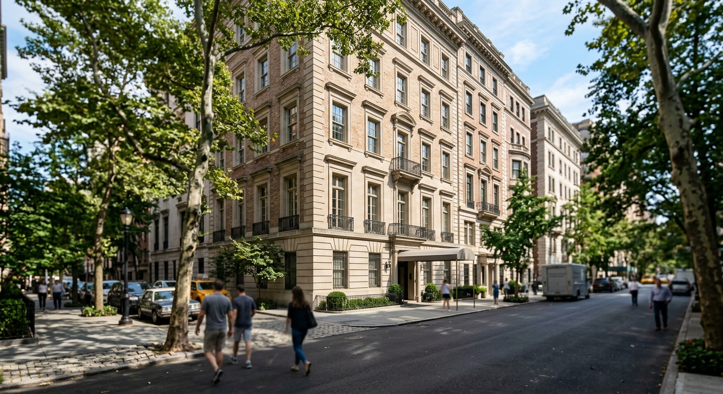 Upscale Manhattan apartment buildings along a tree-lined street.