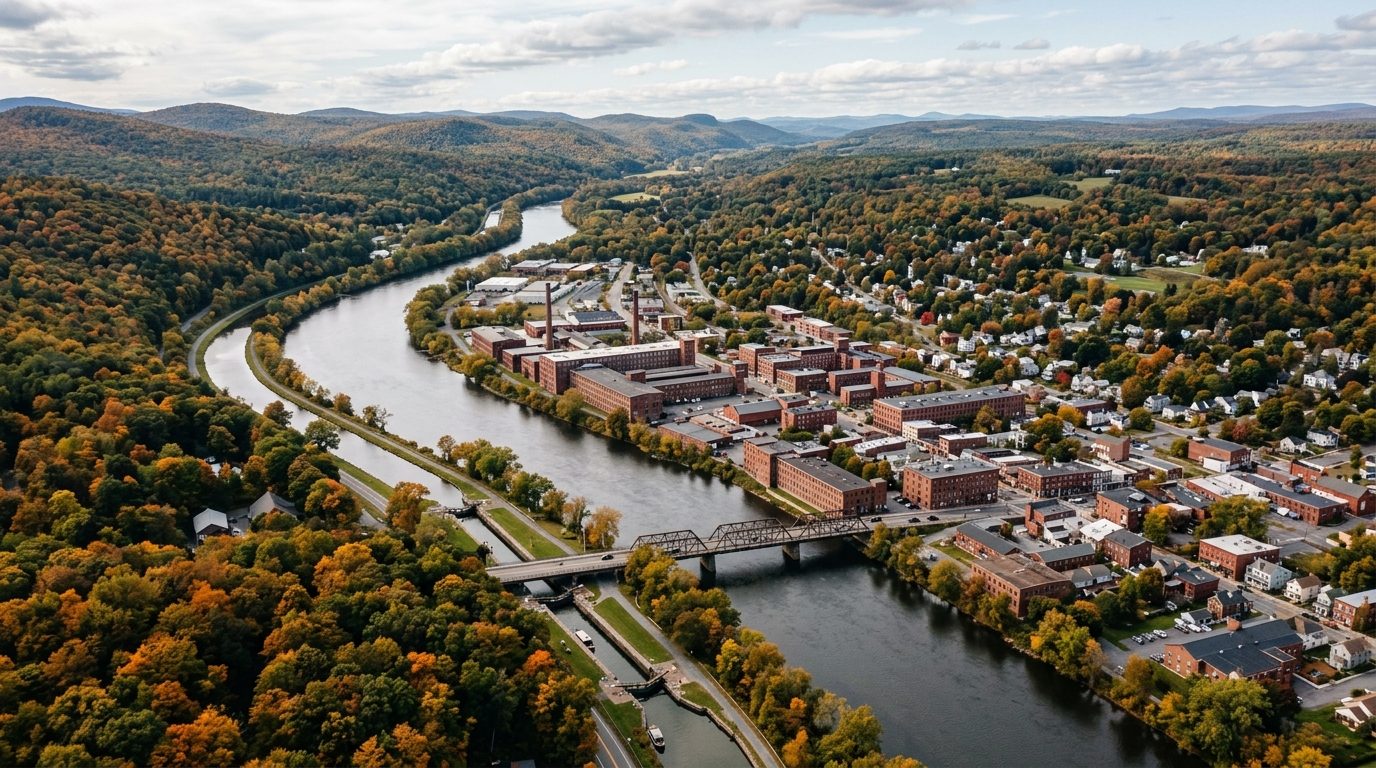 Utica, NY — Mohawk River valley in early autumn, with a historic brick mill town along the riverbanks, wooded Adirondack