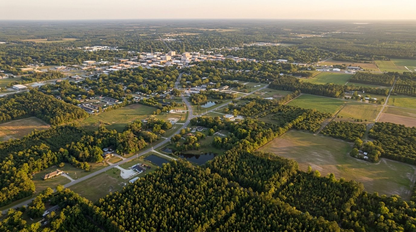 Valdosta, GA — Valdosta, Georgia area at showing flat south Georgia coastal plain terrain with pine flatwoods, farmland, and