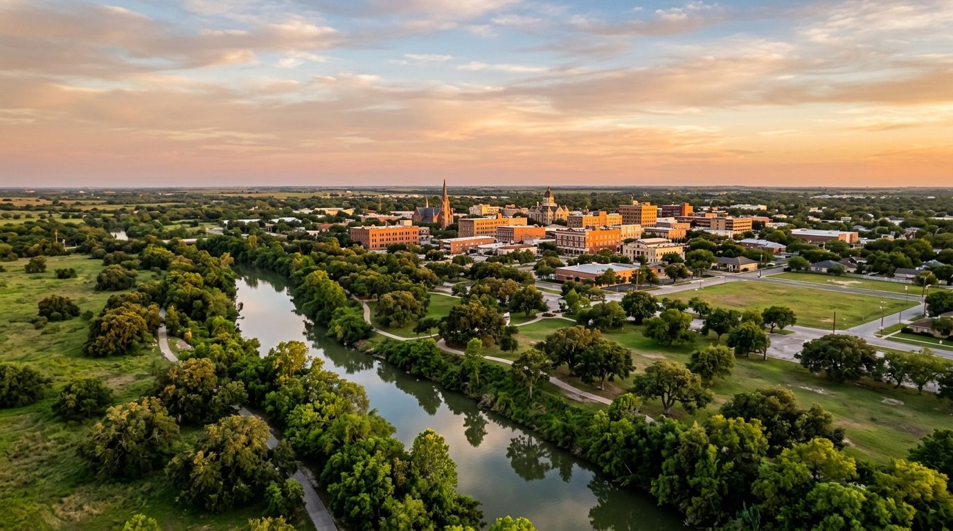 Victoria, TX — Victoria, Texas at showing the tree-lined Guadalupe River winding past a low-rise downtown skyline with