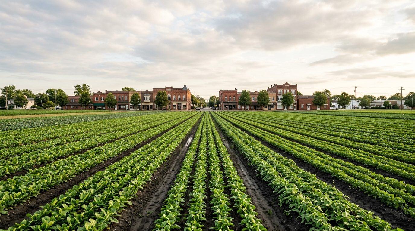 Vineland, NJ — Flat South Jersey farmland with neat rows of vegetable crops stretching toward a small-town Main Street lined