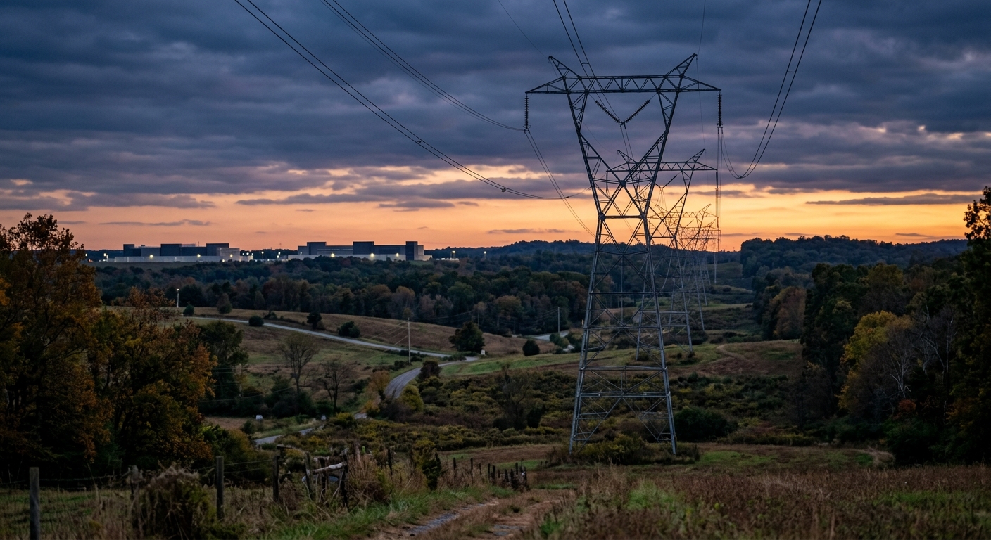 High-voltage transmission towers and power lines in a rural landscape at dusk with data center buildings in the distance.