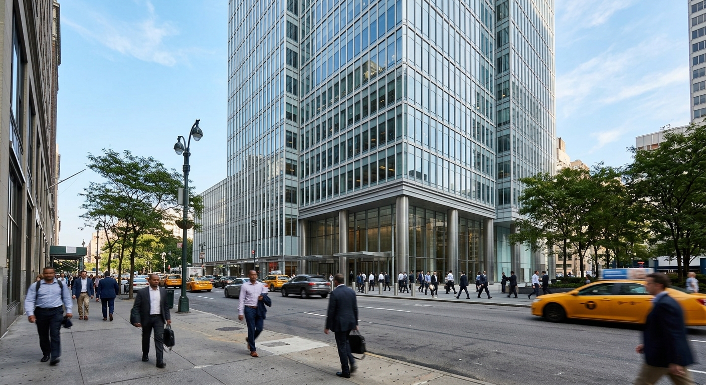 A modern glass office tower rising above a Midtown Manhattan street.