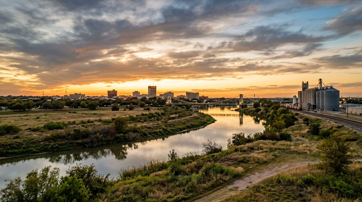 Waco, TX — River winding through a flat Texas prairie landscape at with a low-rise city skyline, a historic suspension
