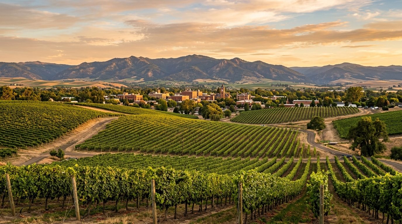 Walla Walla, WA — Rolling vineyard rows in the Walla Walla Valley leading toward the Blue Mountains at with the historic brick
