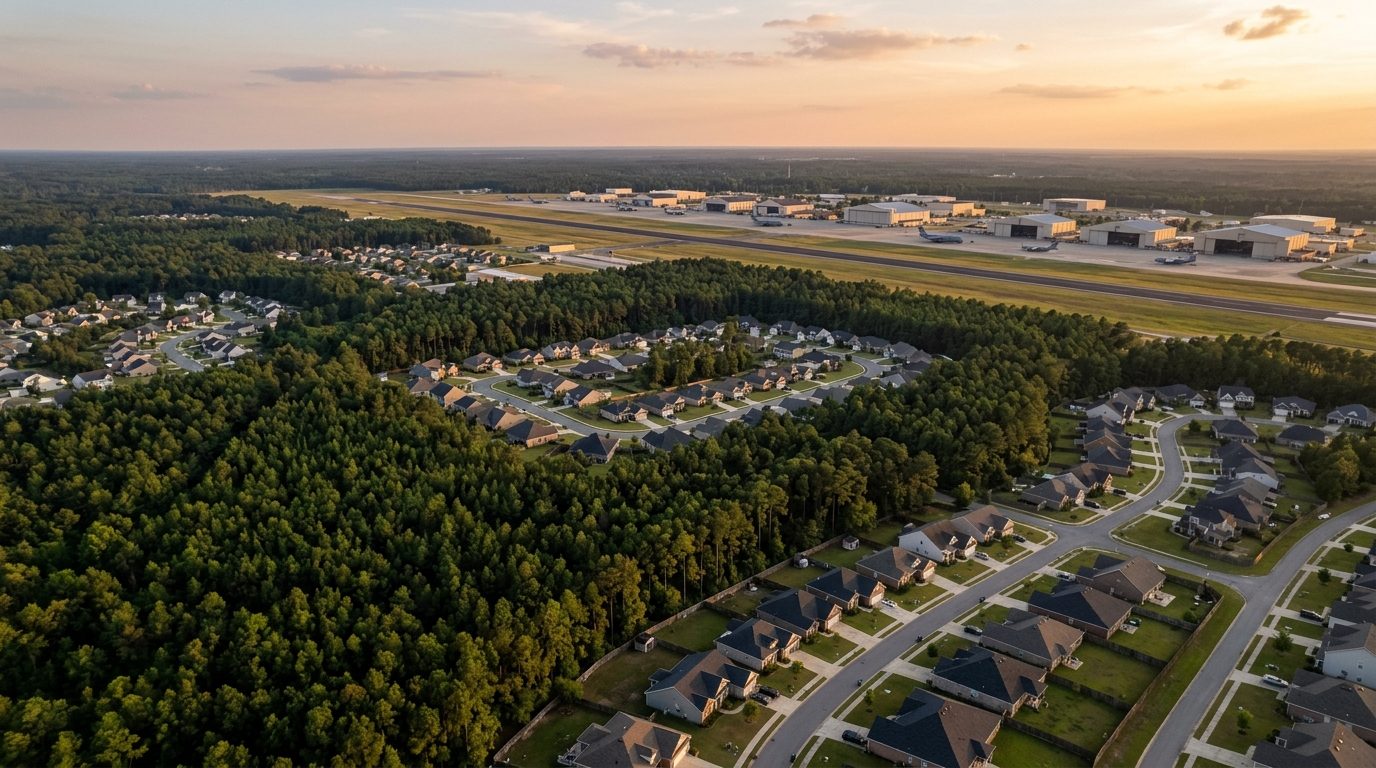 Warner Robins, GA — Flat central Georgia pine forest and suburban rooftops near Warner Robins, with the runway and hangars of