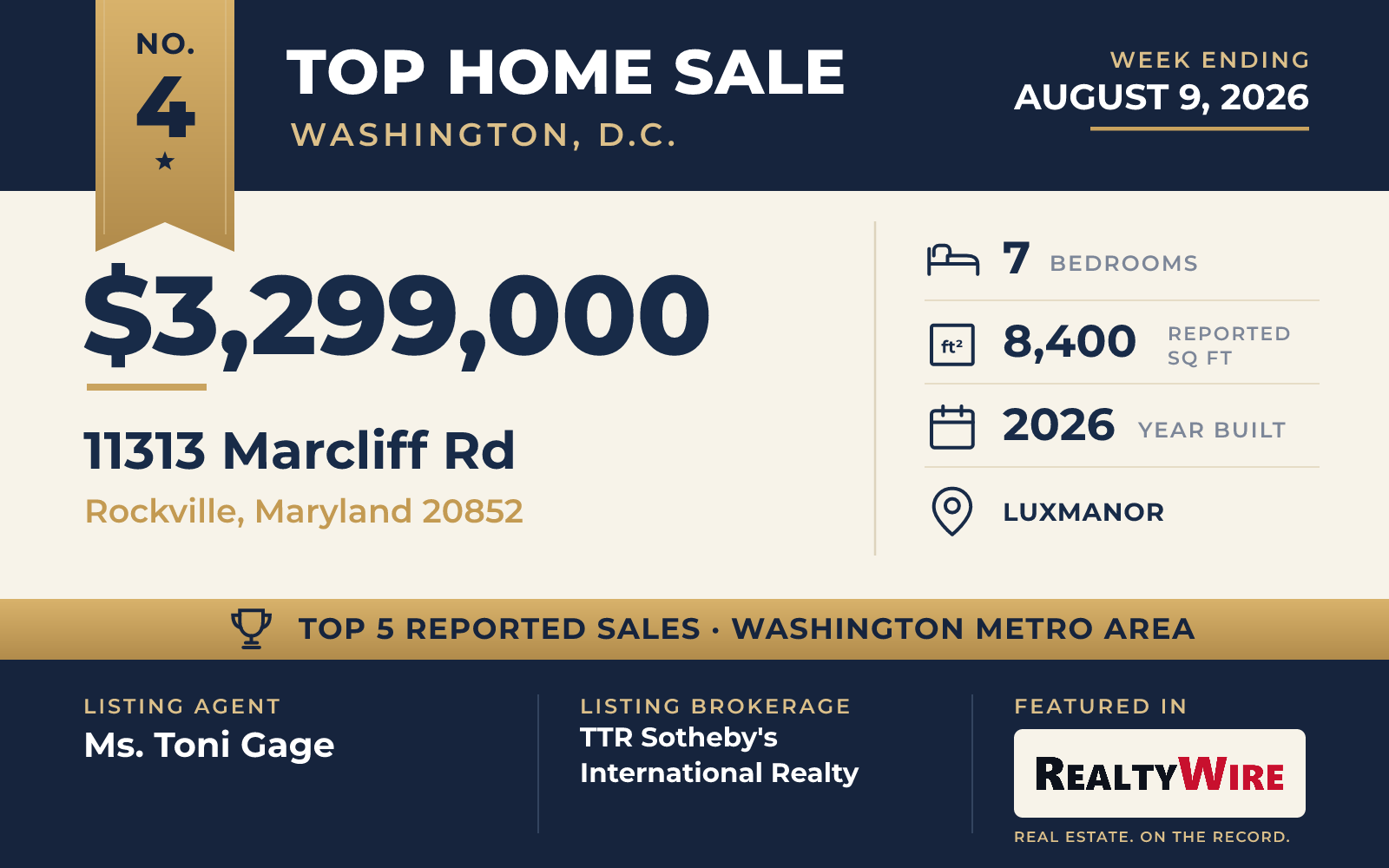 Top home sale No. 4 in the Washington, D.C. metro area β 11313 Marcliff Rd, Rockville, Maryland, week ending August 9, 2026